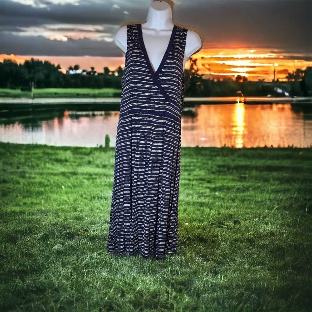 LL Bean Size M Navy Blue & White Dot V-Neck Summer Sleeveless Dress Faux Wrap